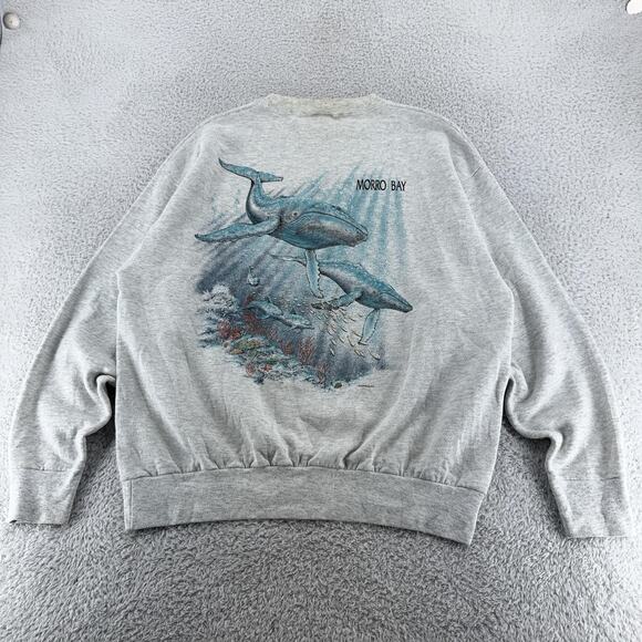 Vintage Sansegal Whale Watch Sweatshirt Mens XL Gray Morro Bay Ocean Graphic 90s - Picture 2 of 11
